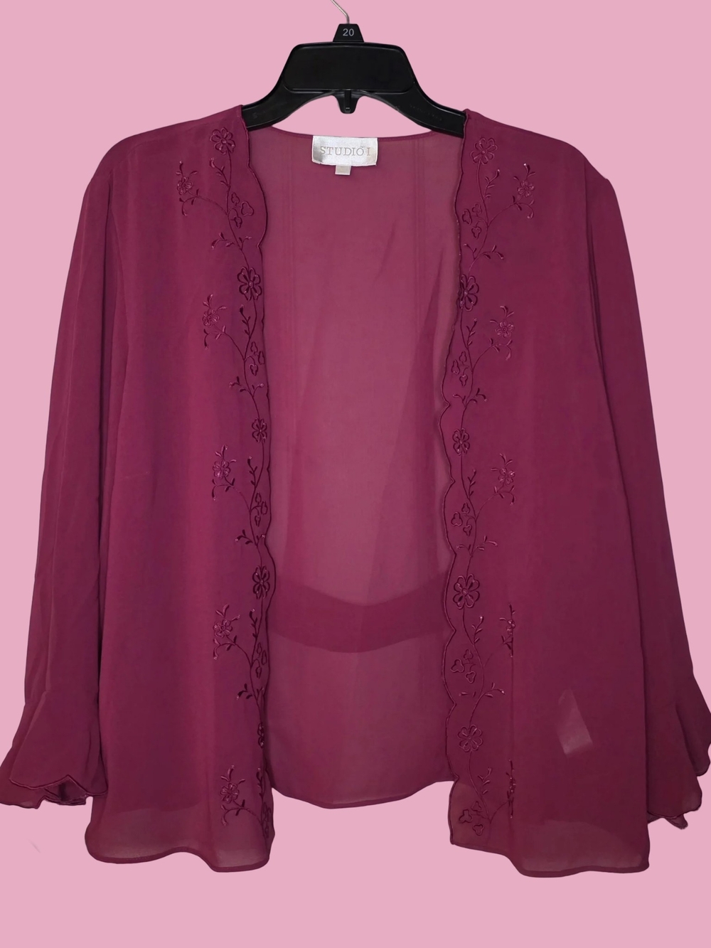 Studio I Magenta Sheer Embroidered Beaded Chiffon Cardigan